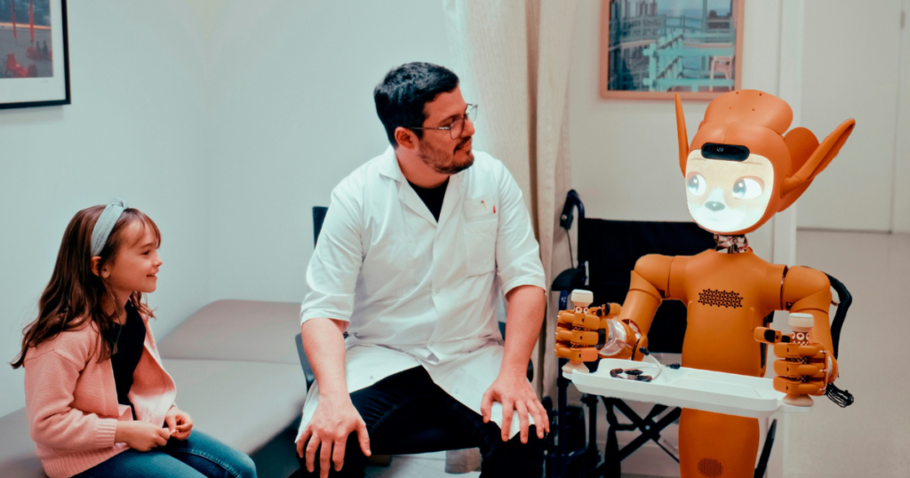 A robot and a doctor interacting with a child in a healthcare setting, showing the role of AI in patient care.