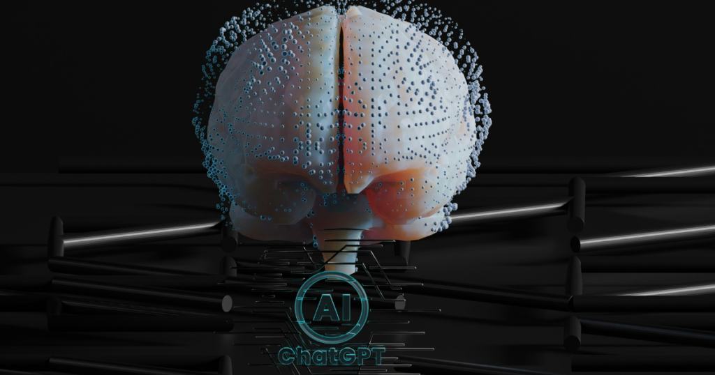 A digital human brain with glowing nodes connected to an AI system representing artificial intelligence and technology.