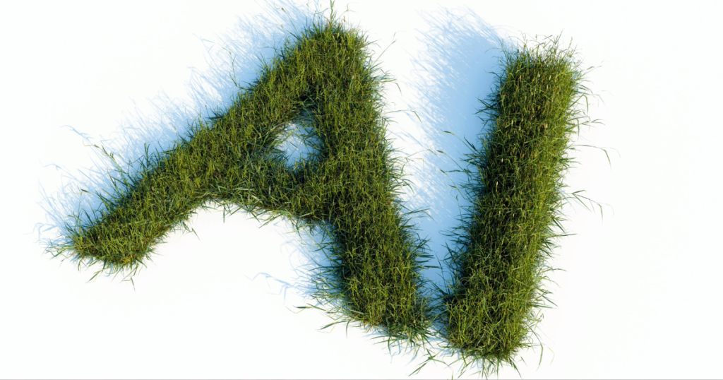 The letters AI formed out of green grass on a white background, highlighting a popular Artificial Intelligence photo generator tool.
