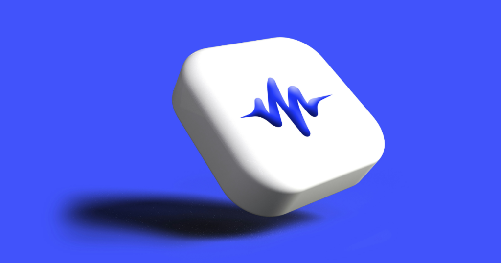 A 3D rendered white icon with a blue waveform symbol floating against a vibrant blue background, representing the audio processing power of an Artificial Intelligence photo generator.