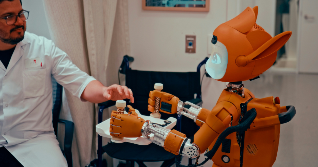 a robot assisting a doctor in a medical setting represents AI technology in healthcare.